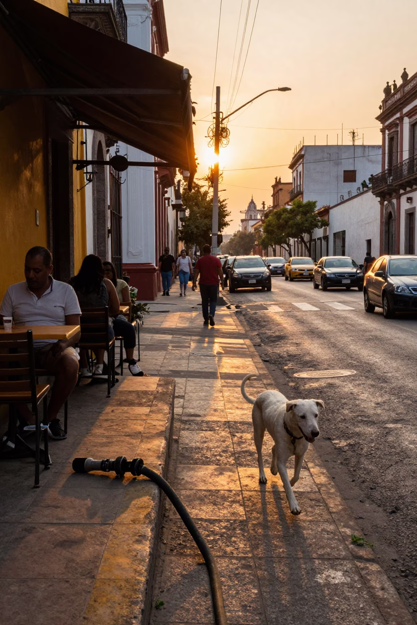 Mexico City Evening Street Scene with White Dog and Hose Nozzle in in Mexico City, Mexico