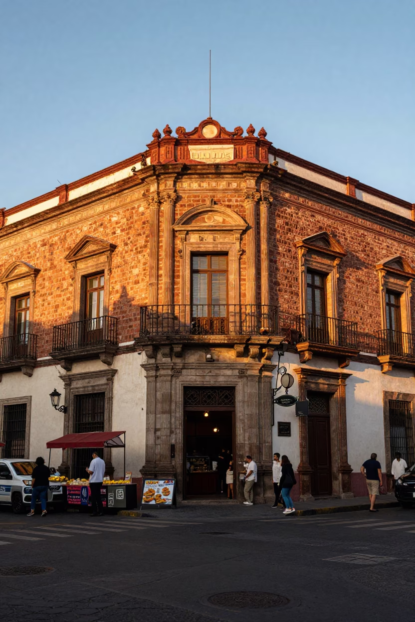 Mexico City Golden Hour Street Scene with Traditional Food and Urban Architecture in in Mexico City, Mexico