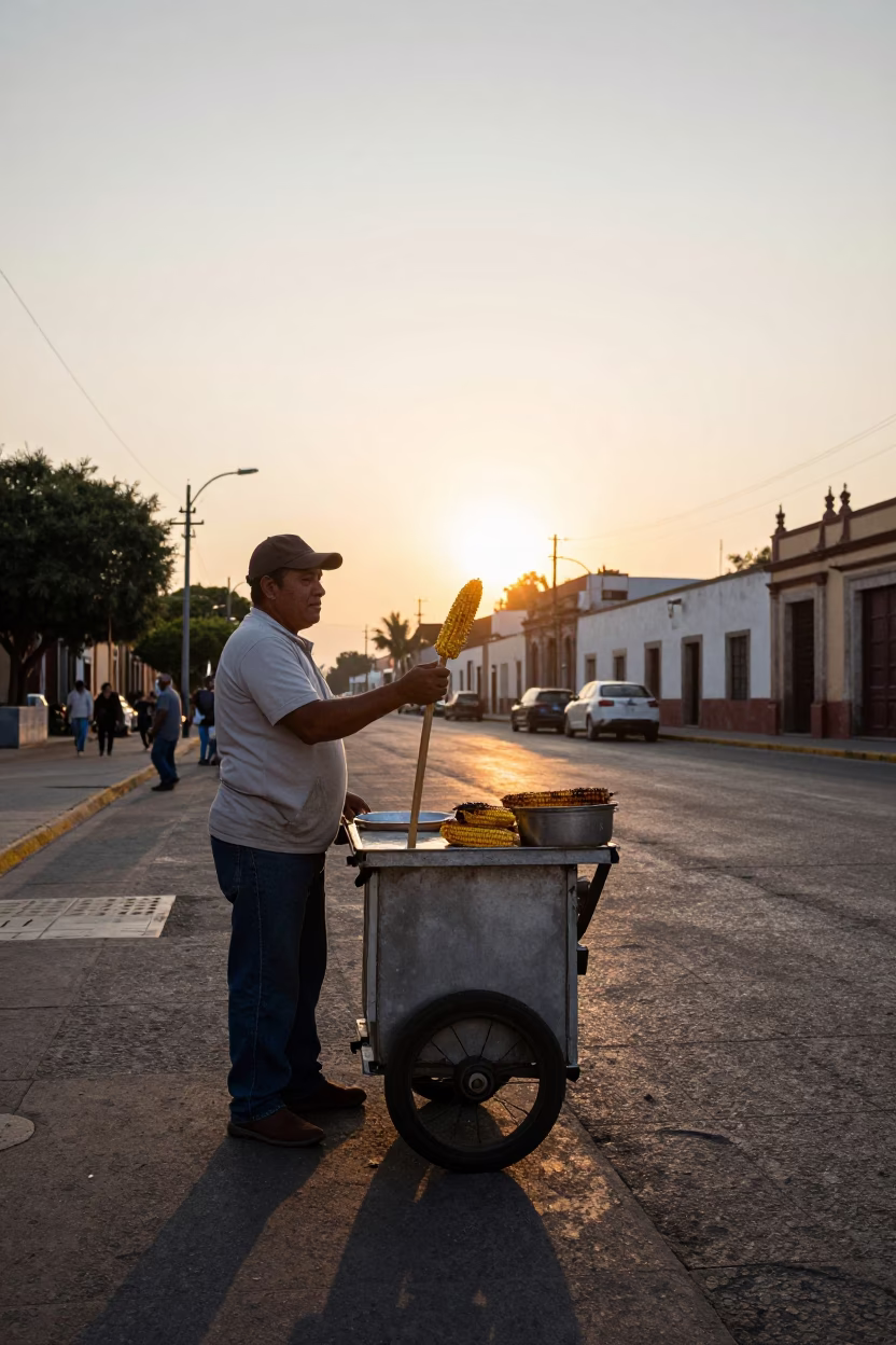 Mexico City Grilled Corn at As The Sun Drops Toward The Horizon in in Mexico City, Mexico