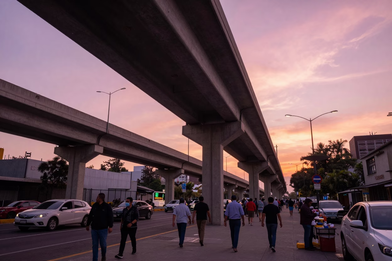 Mexico City Highway Flyover at Sunset with Pink Sky and Street Life in in Mexico City, Mexico