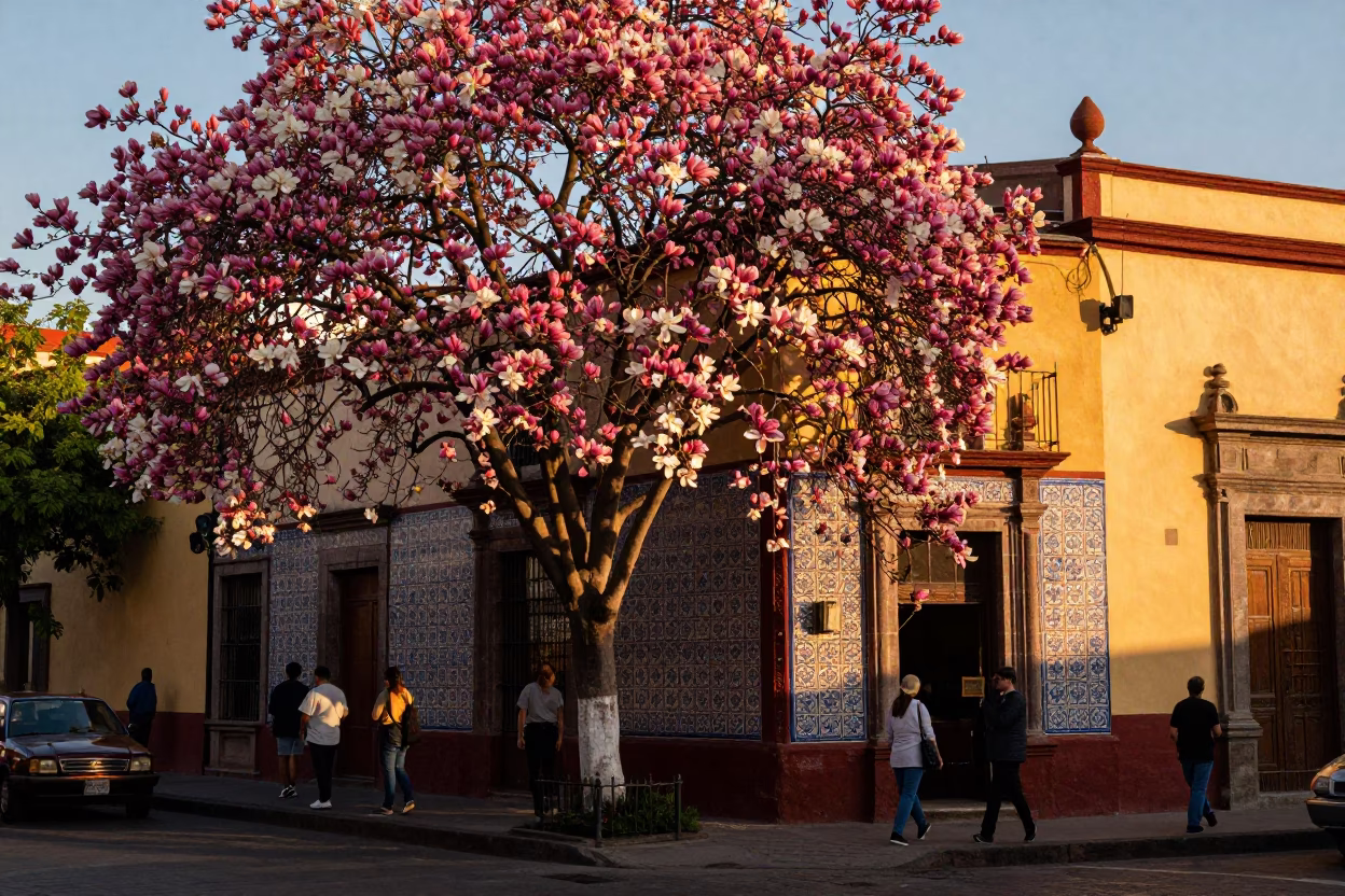 Mexico City Honeyed Evening Light Street Scene with Magnolia Blooms and Urban Details in in Mexico City, Mexico