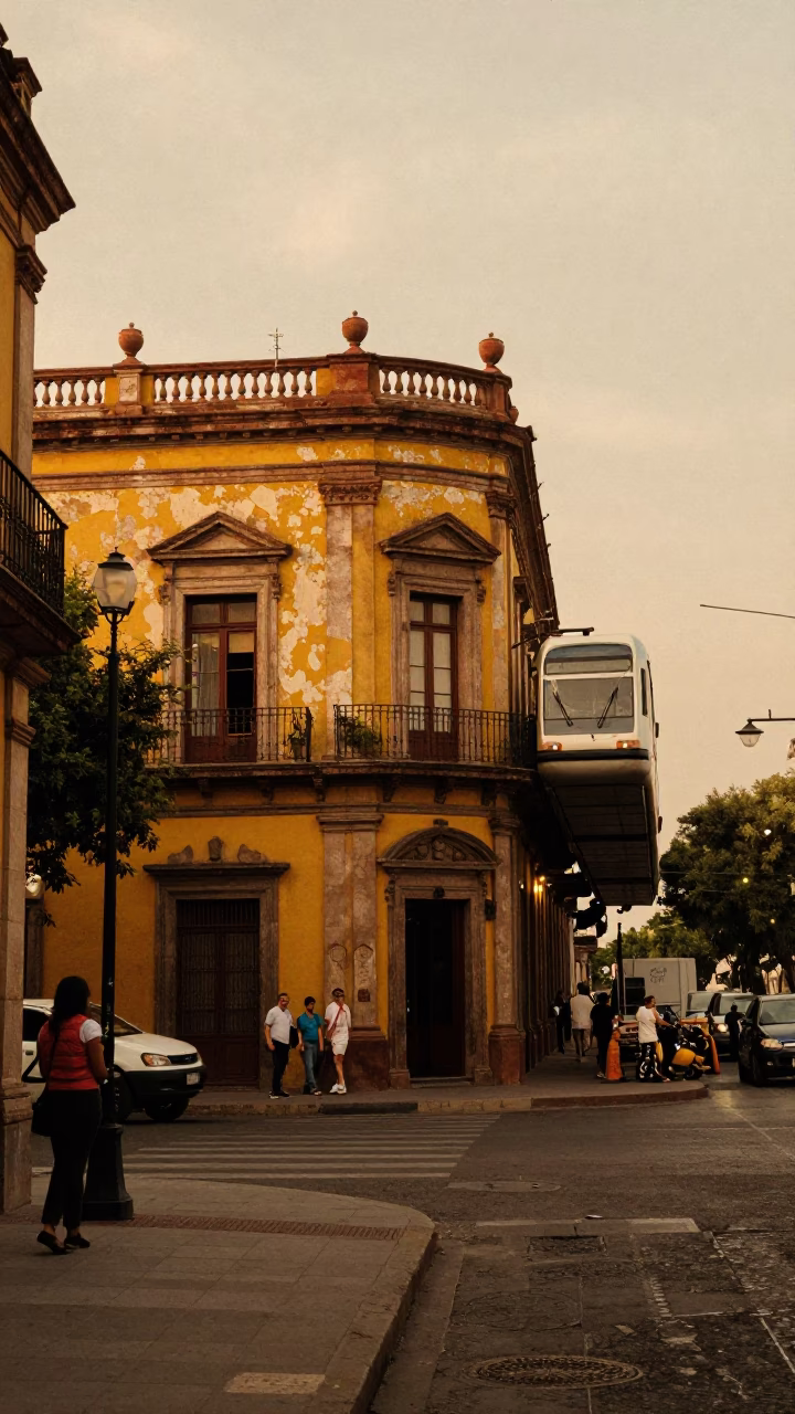 Mexico City Honeyed Evening Light Street Scene with Monorail and Local Life in in Mexico City, Mexico
