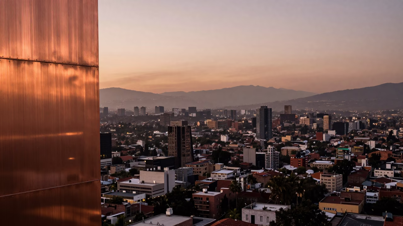 Mexico City Horizon at Dusk with Brushed Steel Wall and Yellow Taxi in in Mexico City, Mexico
