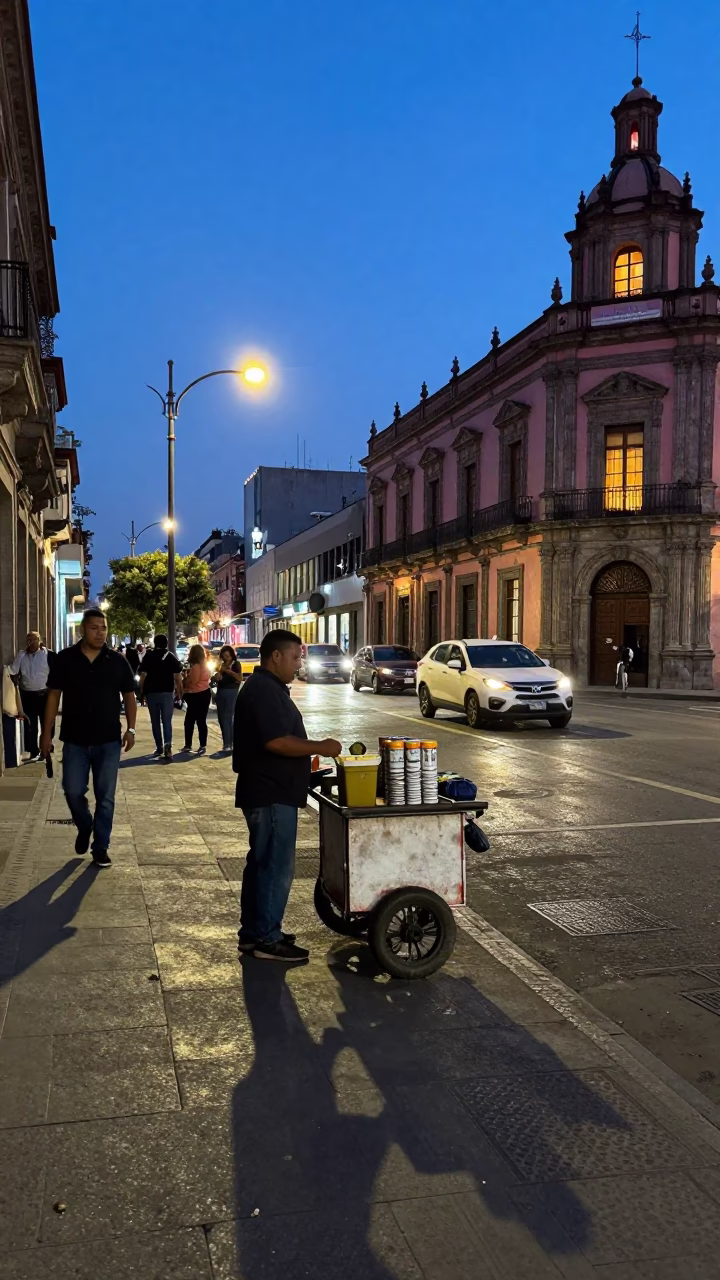 Mexico City Indigo Twilight Street Scene with Coffee Tin and Urban Architecture in in Mexico City, Mexico