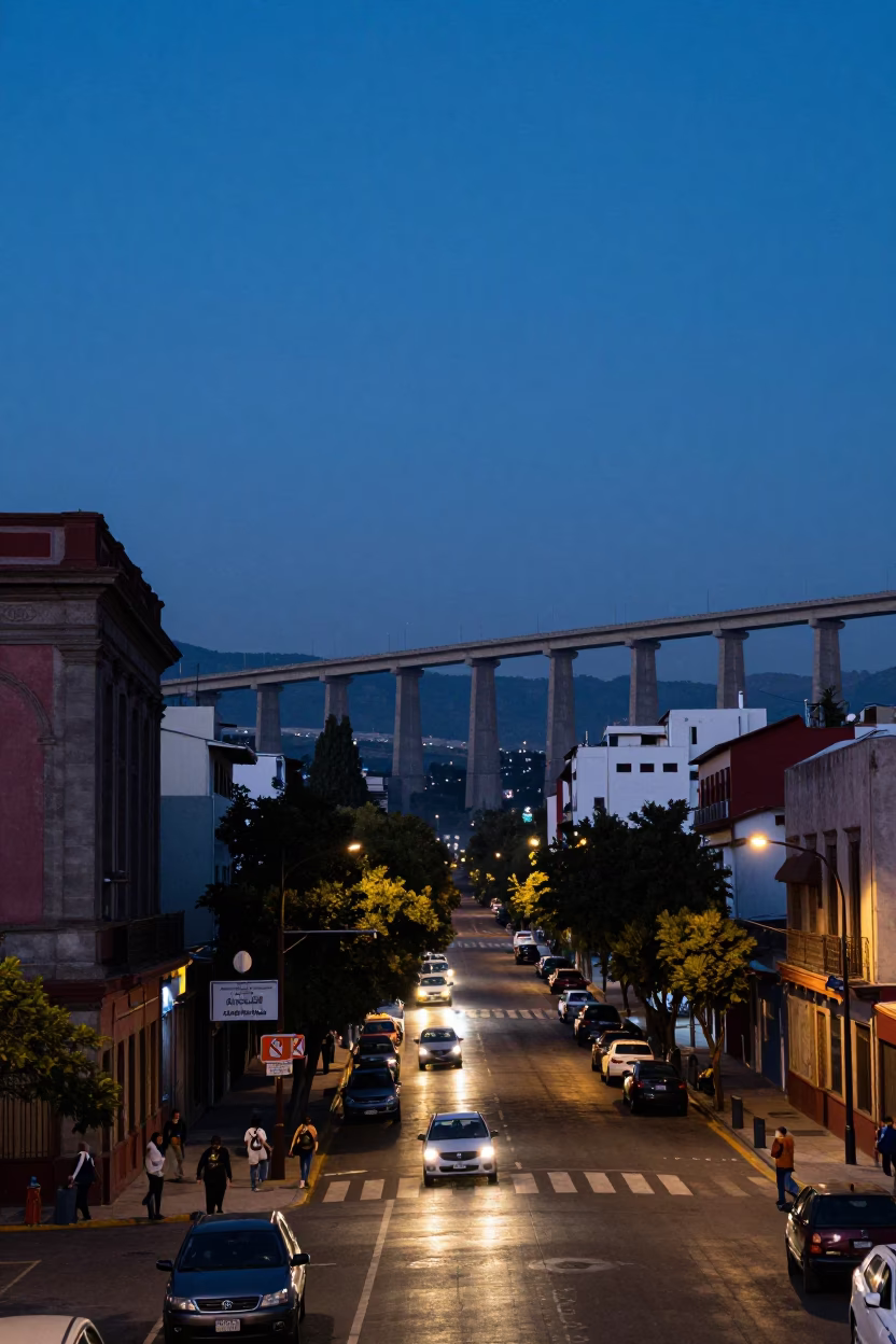 Mexico City indigo twilight street scene with distant viaduct and urban life in in Mexico City, Mexico