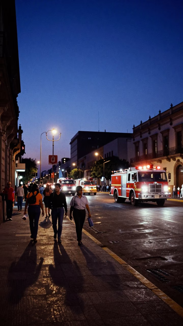 Mexico City indigo twilight street scene with fire truck and local activity in in Mexico City, Mexico
