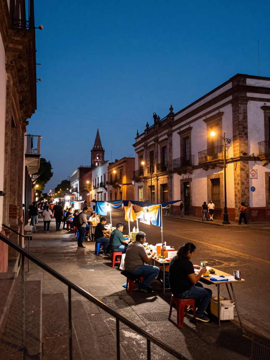 Mexico City indigo twilight street scene with stair rail and local life in in Mexico City, Mexico