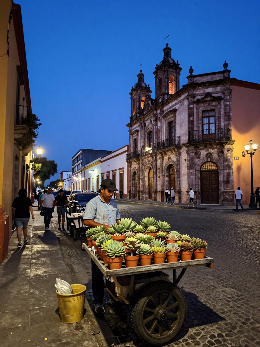 Mexico City indigo twilight street scene with succulents and colonial architecture in in Mexico City, Mexico