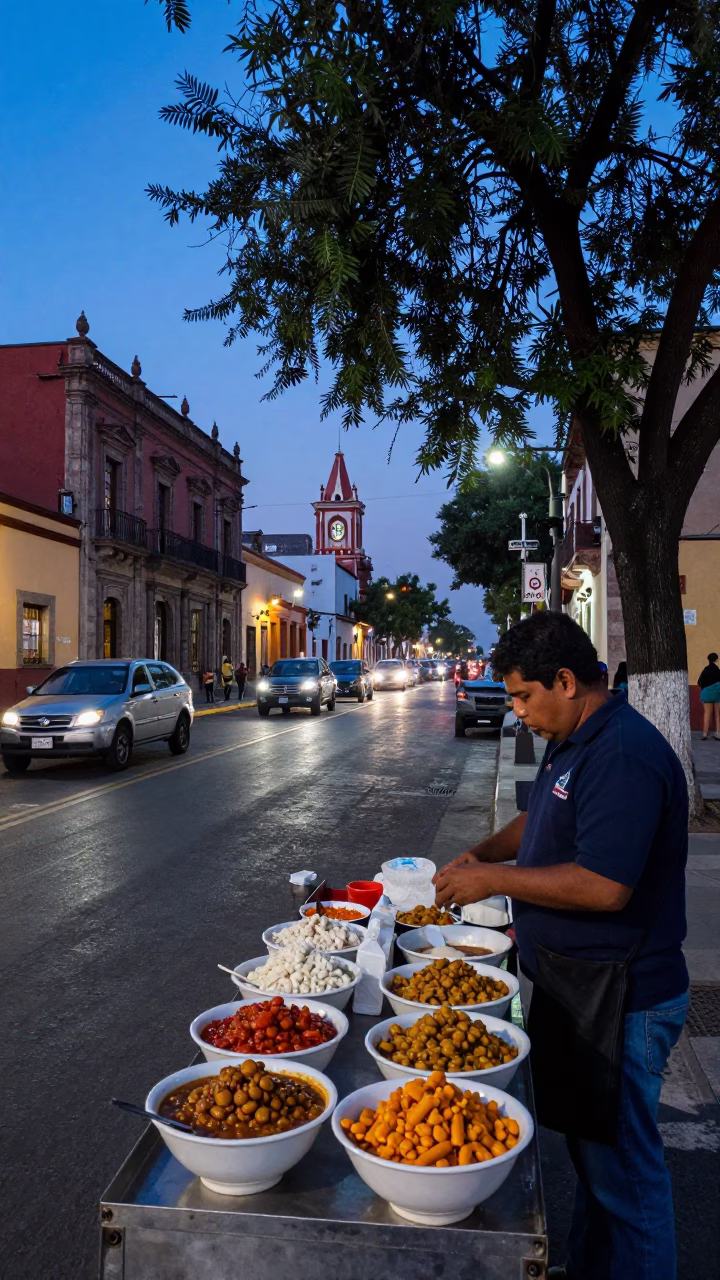 Mexico City Indigo Twilight Street Scene with Tamarind Tree and Chaat Vendor in in Mexico City, Mexico
