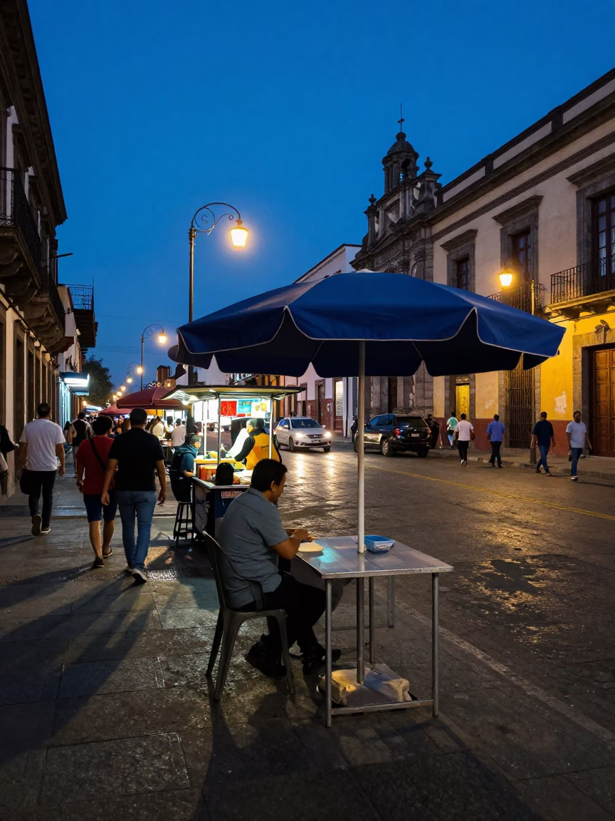 Mexico City indigo twilight street scene with umbrella stand and anemone flower in in Mexico City, Mexico