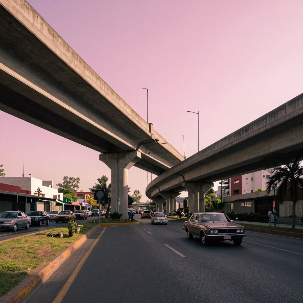 Mexico City Late Afternoon Highway Flyover Pink Sky Street Scene in in Mexico City, Mexico