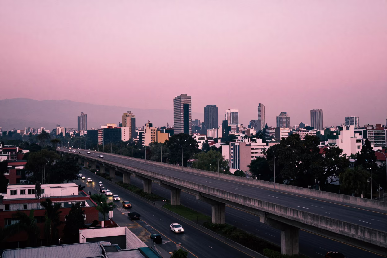 Mexico City late afternoon highway flyover pink sky with street level activity in in Mexico City, Mexico