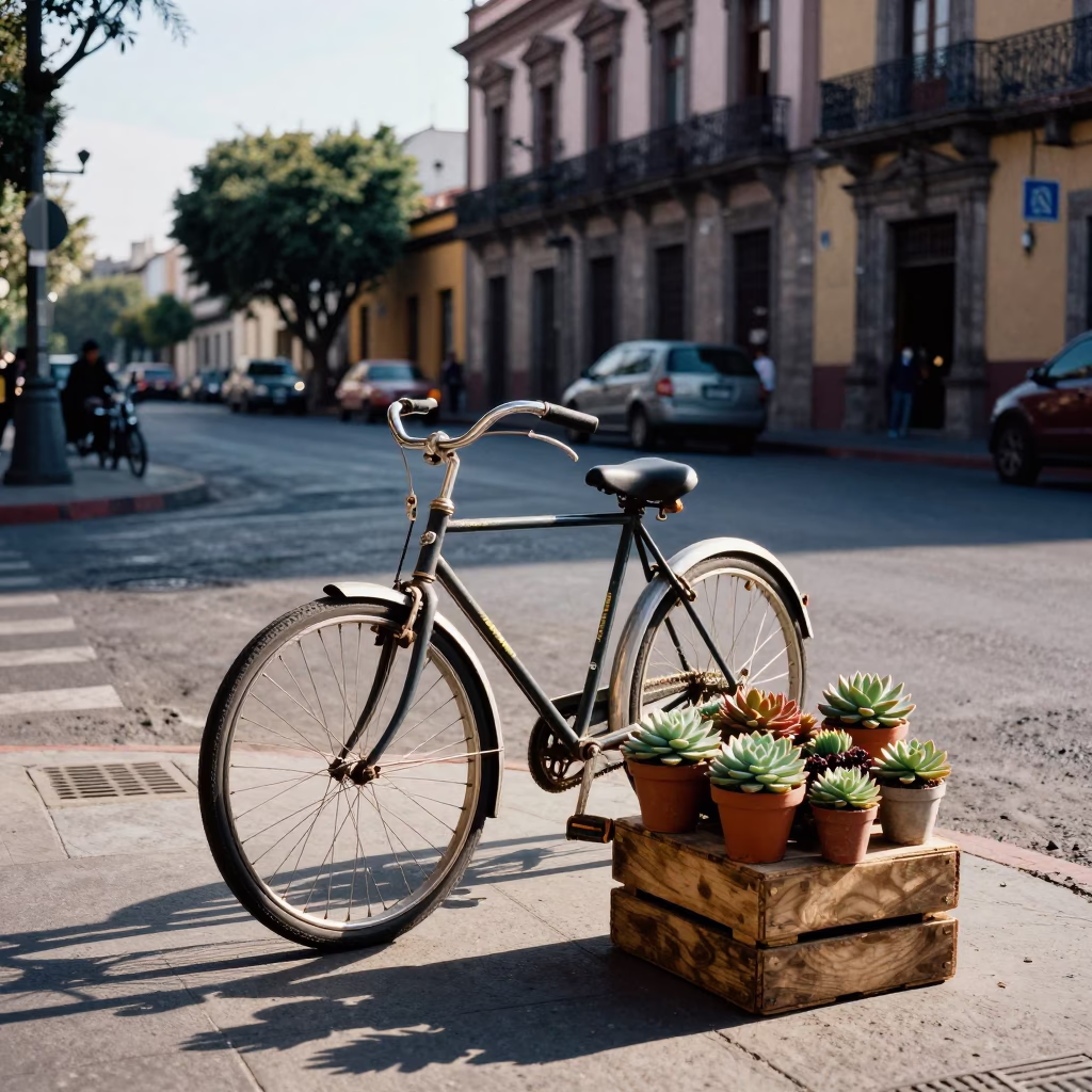 Mexico City Late Afternoon Street Scene with Vintage Bicycle and Succulents in in Mexico City, Mexico