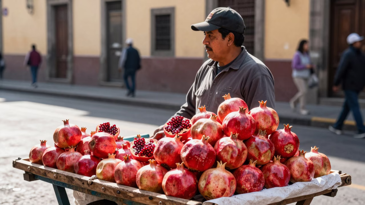 Mexico City Late Morning Street Scene with Vendor Selling Pomegranates in in Mexico City, Mexico