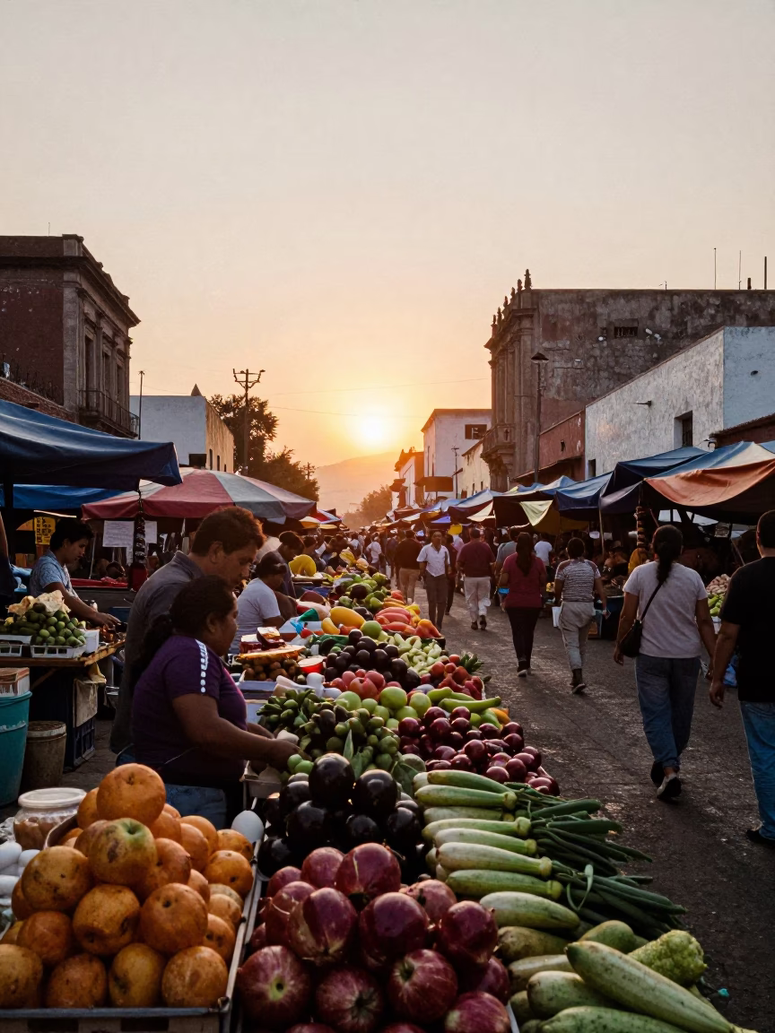 Mexico City Market Stall at As The Sun Drops Toward The Horizon in in Mexico City, Mexico