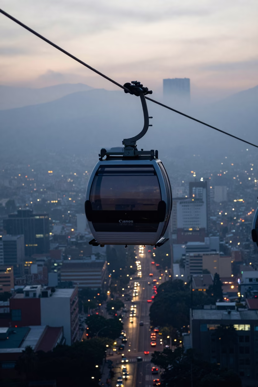 Mexico City Nautical Dawn Street Scene with Aerial Tramway Gondola Above Morning Fog in in Mexico City, Mexico