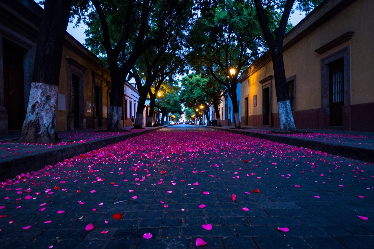 Mexico City Nautical Dawn Street Scene with Fallen Petals and Urban Details in in Mexico City, Mexico