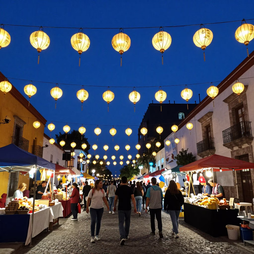 Mexico City Night Market with Hanging Lanterns in Indigo Twilight After Sunset in in Mexico City, Mexico