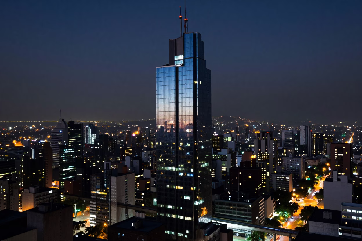 Mexico City Night Skyline with Monorail Reflection in Glass Skyscraper Under Deep Night in in Mexico City, Mexico