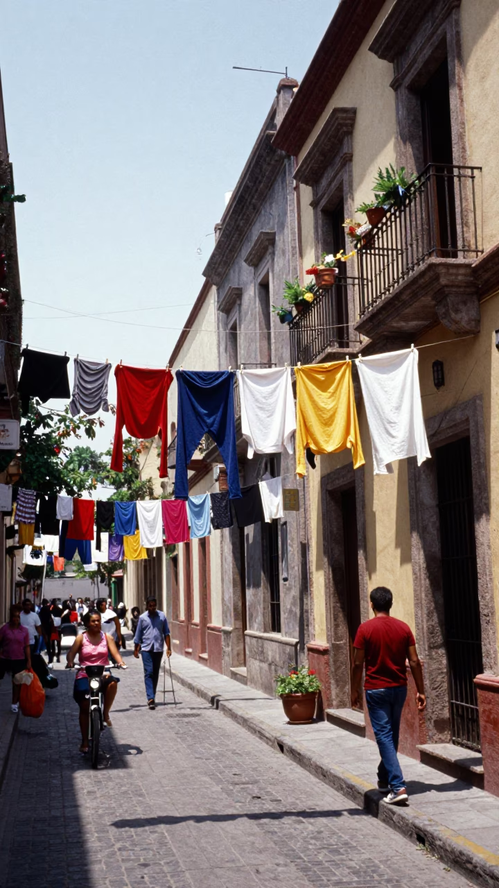Mexico City Noon Street Scene with Hanging Laundry and Urban Detail in in Mexico City, Mexico