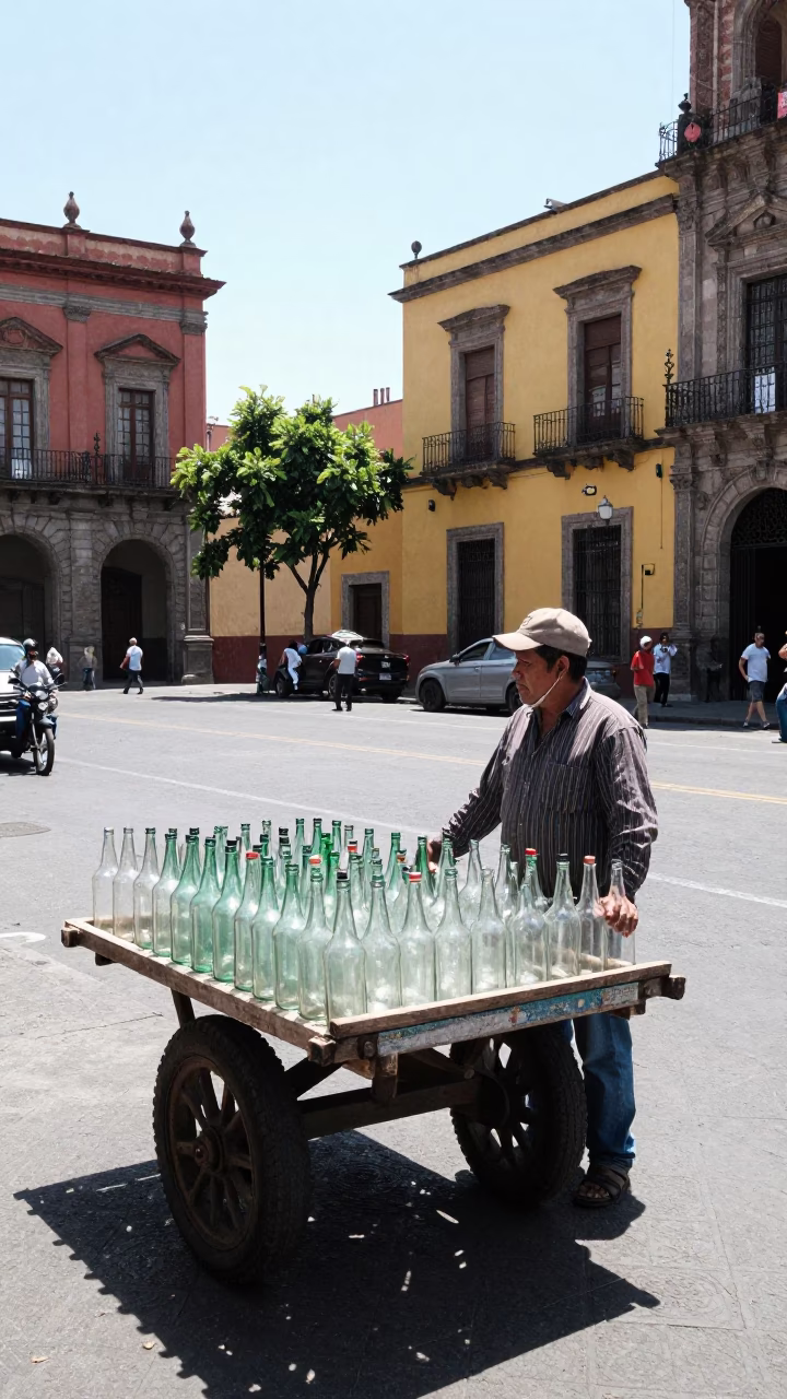 Mexico City Noon Street Scene with Vendor Selling Glass Bottles in in Mexico City, Mexico