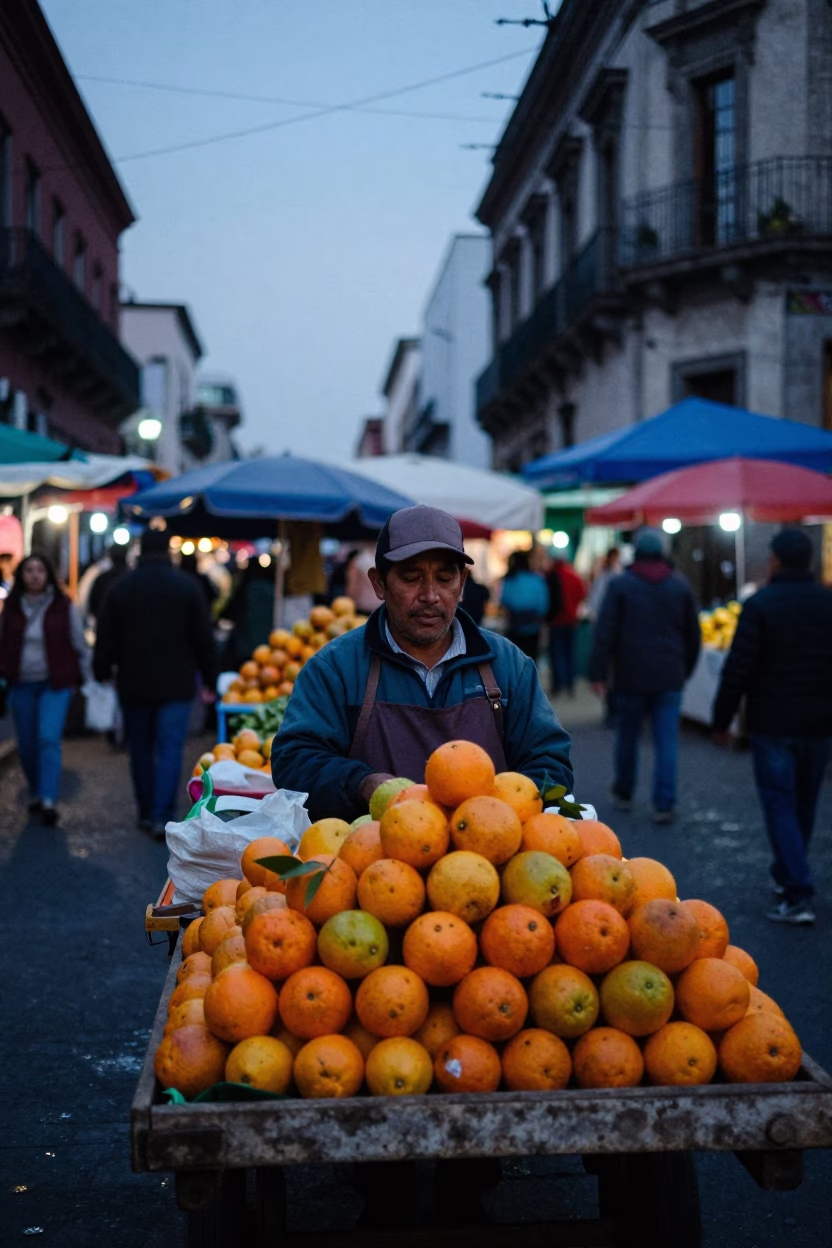 Mexico City Pre-Dawn Street Market Vendor Selling Oranges and Produce in in Mexico City, Mexico