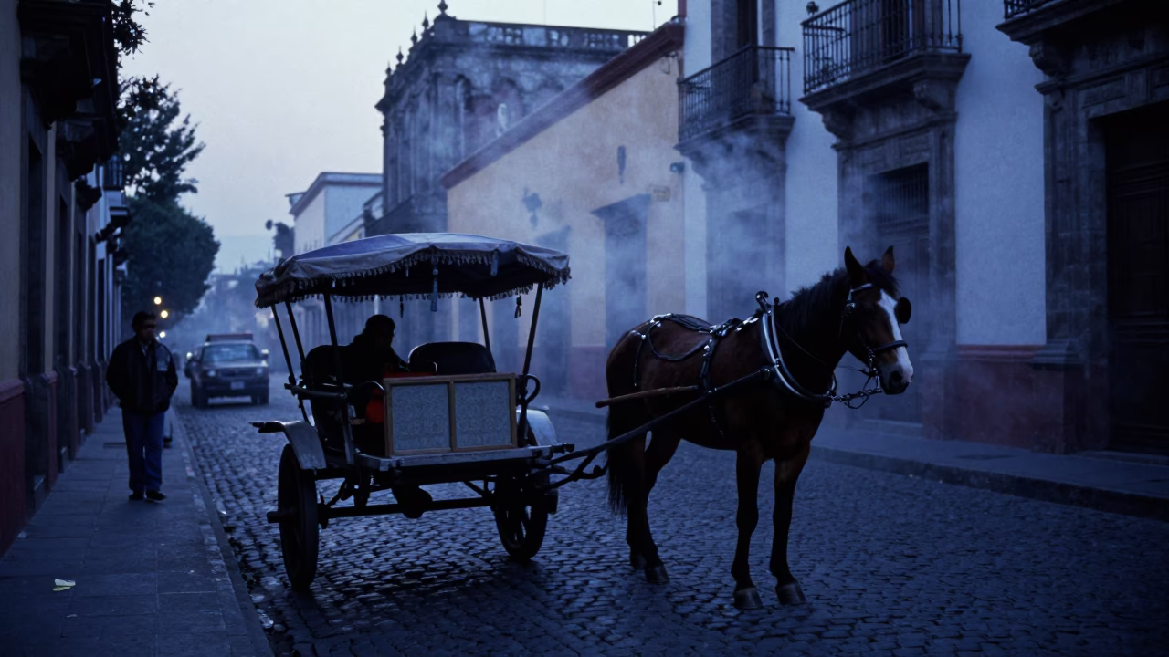 Mexico City Pre-Dawn Street Scene with Horse-Drawn Cart and Cobblestone in in Mexico City, Mexico