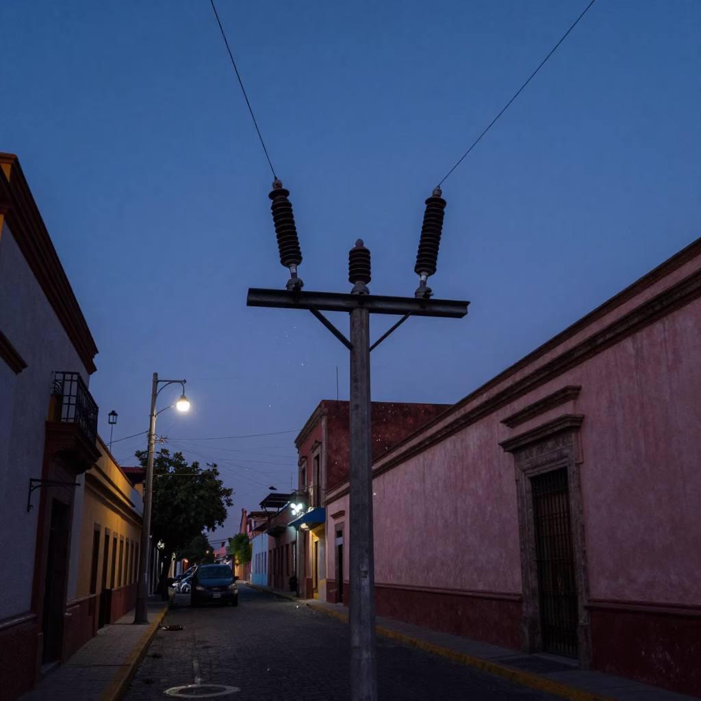 Mexico City Pre-Dawn Street Scene with Substation Insulators Sparkling Under Floodlights in in Mexico City, Mexico