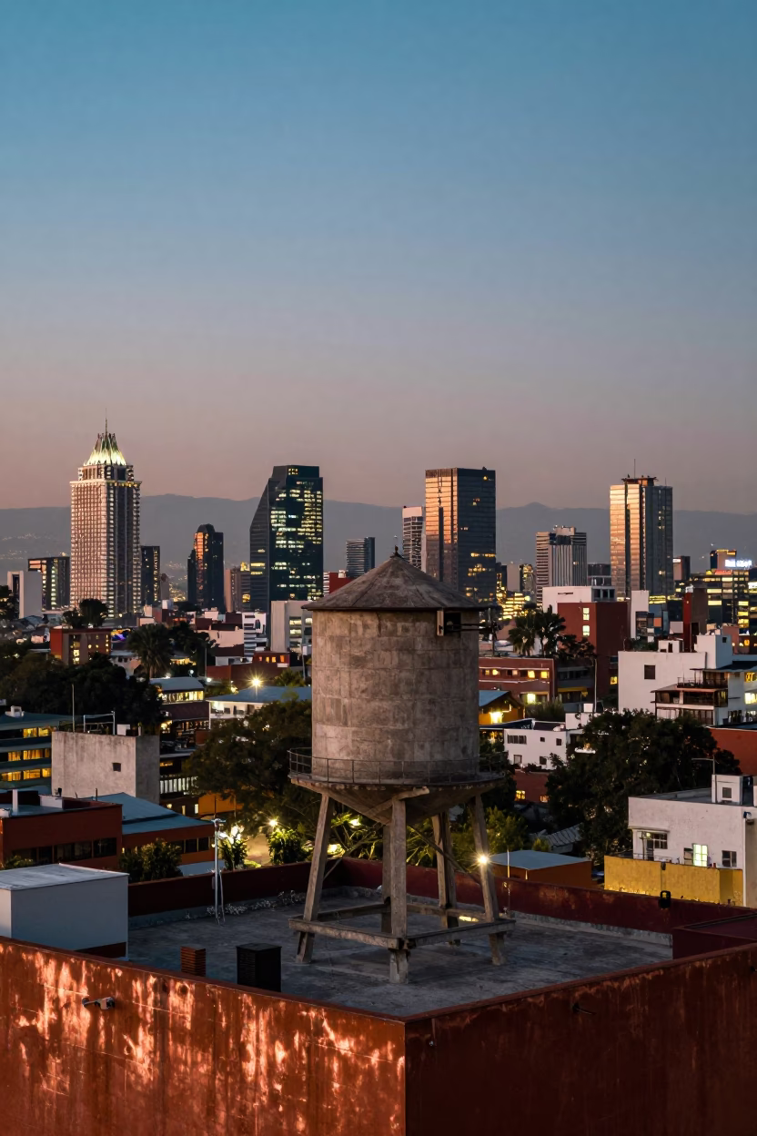 Mexico City Rooftop Water Tower And Urban Skyline in in Mexico City, Mexico