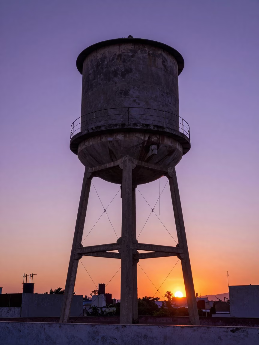 Mexico City Rooftop Water Tower Sunset Horizon View 1990s Realistic Photograph in in Mexico City, Mexico