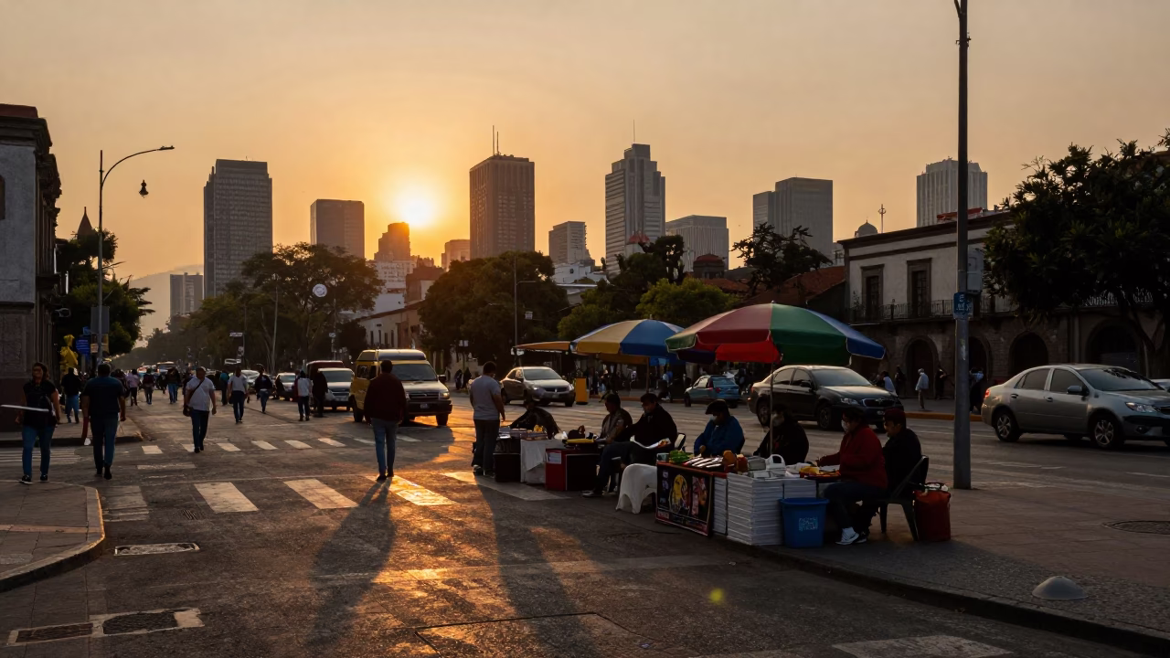 Mexico City Street Corner at As The Sun Drops Toward The Horizon in in Mexico City, Mexico