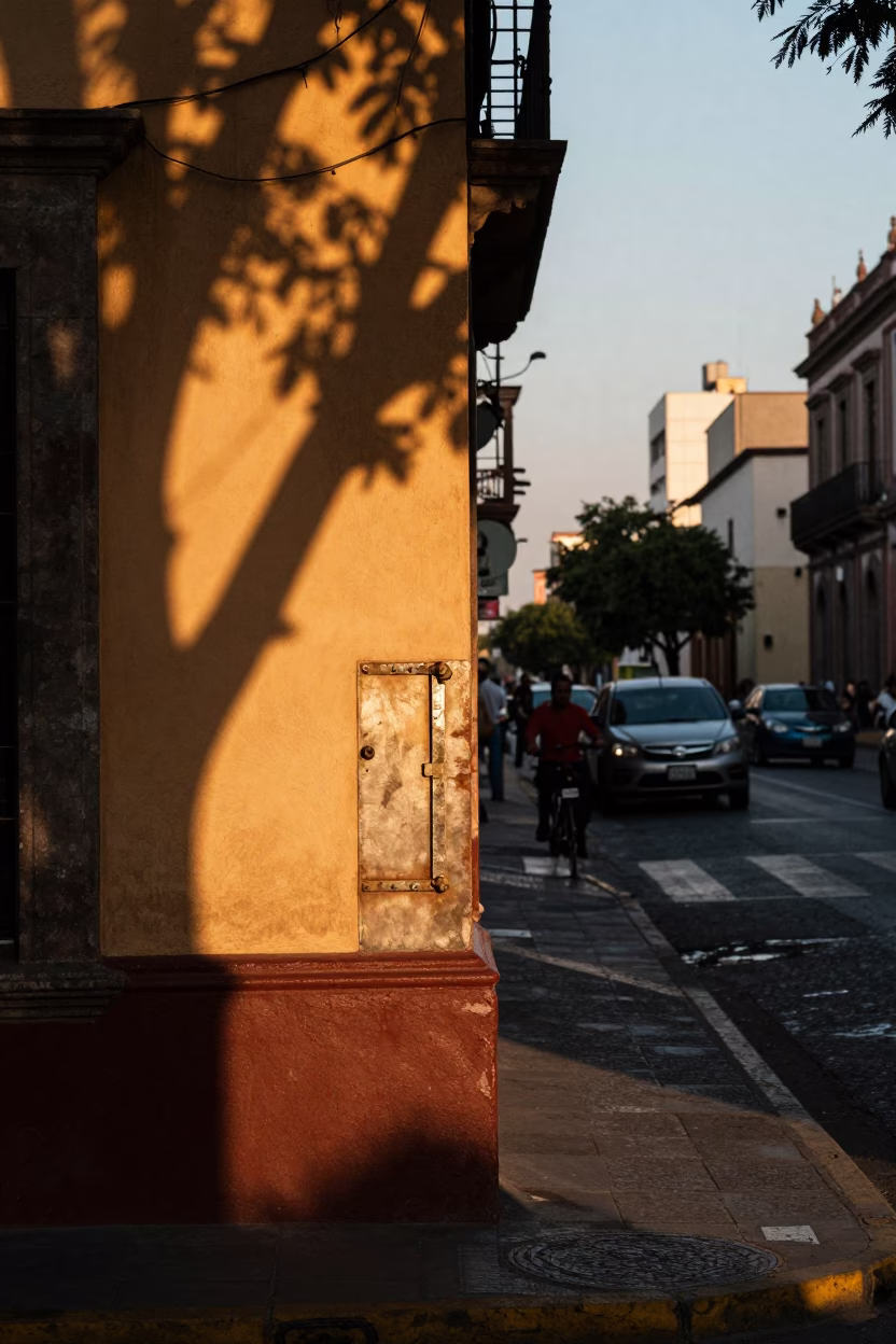 Mexico City Street Corner at Sunset with Leaf Shadows and Vintage Details in in Mexico City, Mexico