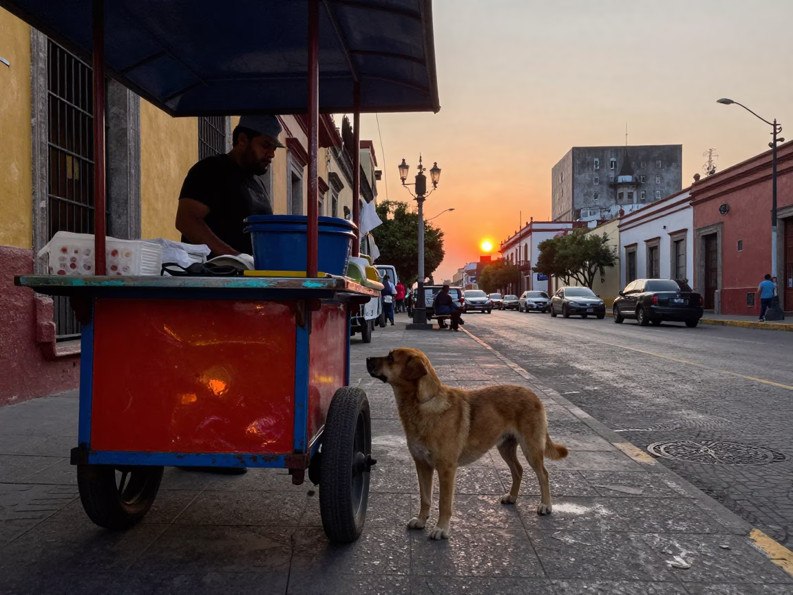 Mexico City Street Scene at As The Sun Drops Toward The Horizon in in Mexico City, Mexico