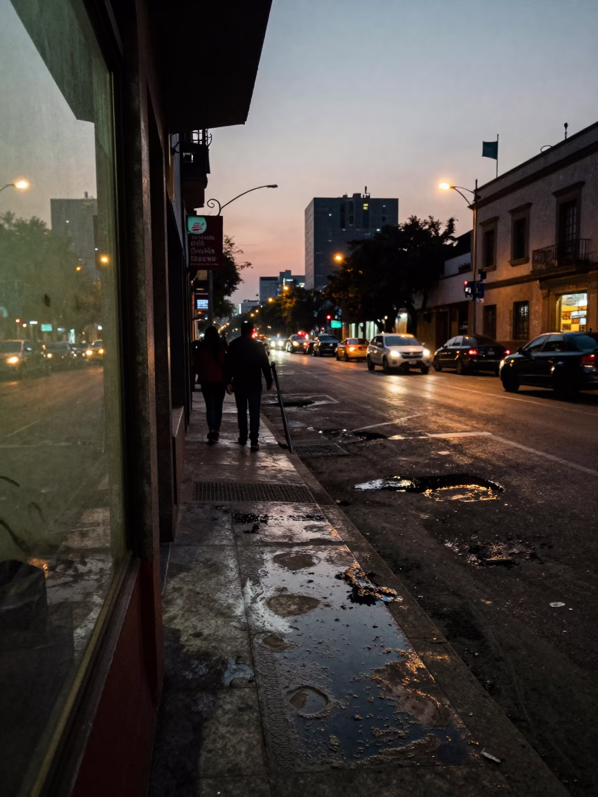 Mexico City street scene at dusk with grease sheen on window and kitchen utensil in in Mexico City, Mexico