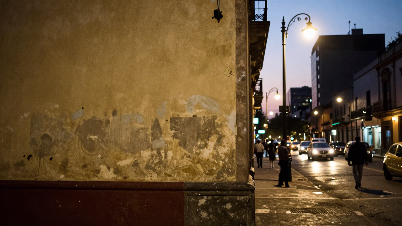Mexico City Street Scene at Dusk with Smudged Wall and Clipboard in Busy Neighborhood in in Mexico City, Mexico