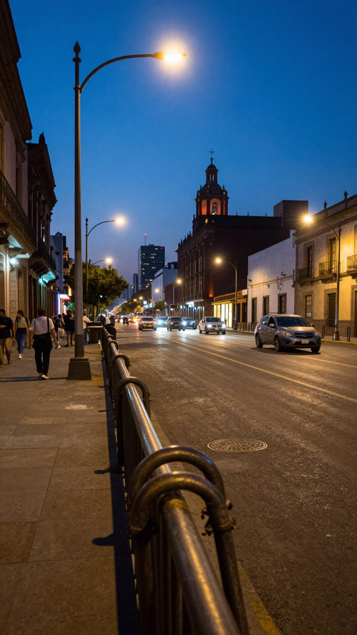 Mexico City Street Scene at Dusk with Turnbuckle and City Lights in in Mexico City, Mexico