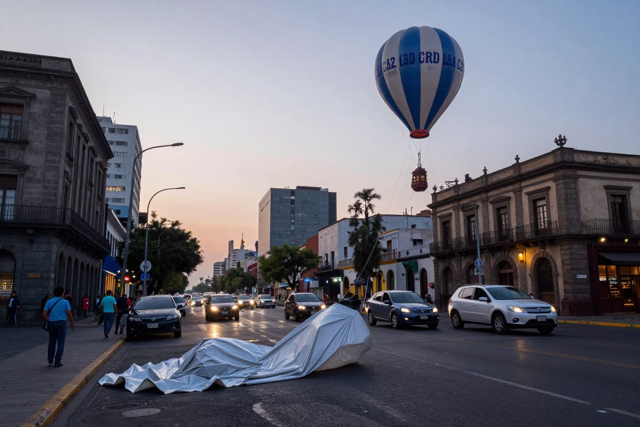 Mexico City Street Scene at Nautical Dawn with Weather Balloon Launch Tarp and Scarf in in Mexico City, Mexico