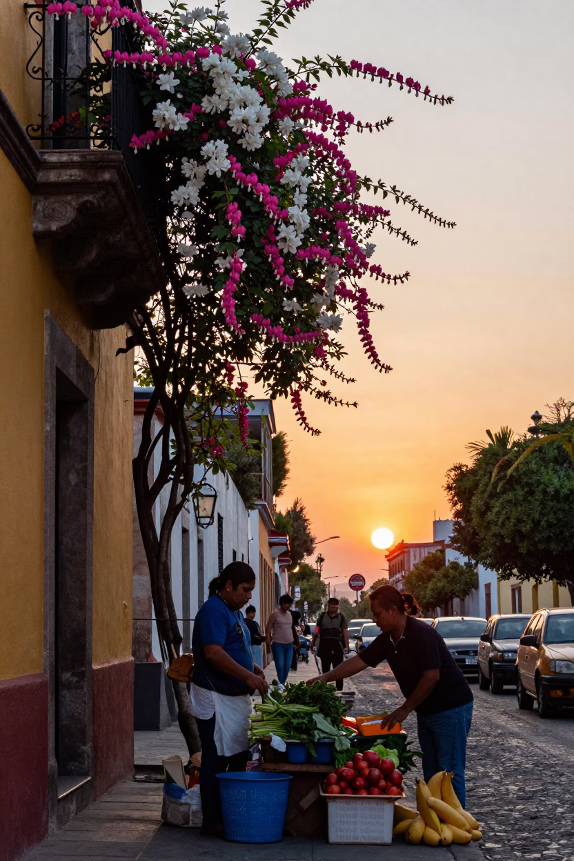 Mexico City Street Scene at Sunset with Bleeding Heart Vine and Mending Basket in in Mexico City, Mexico