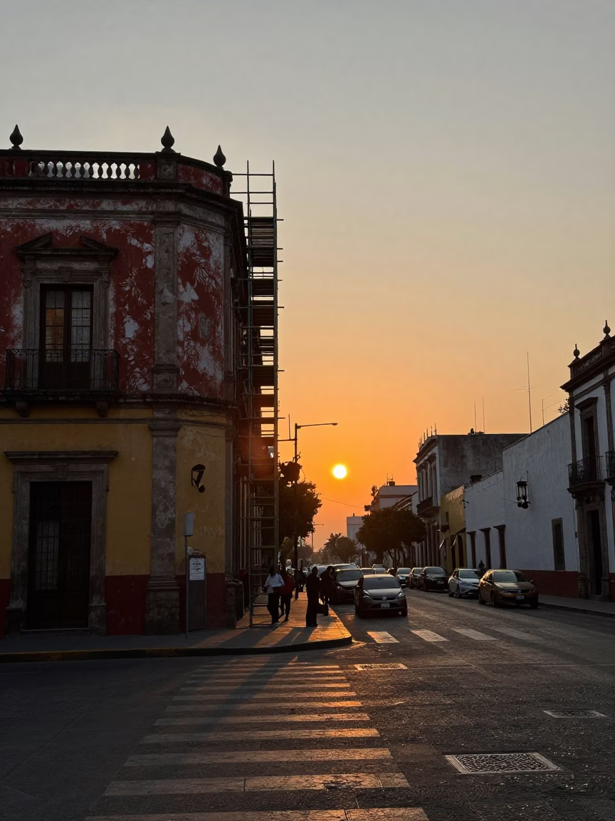 Mexico City Street Scene at Sunset with Mason's Trowel and Wet Mortar on Scaffold in in Mexico City, Mexico