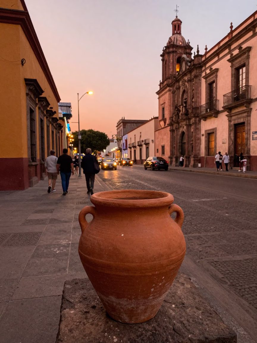 Mexico City Street Scene Before Dusk with Terracotta Pot and Condensation on Sill in in Mexico City, Mexico