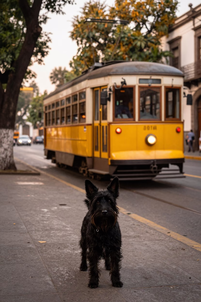 Mexico City street scene with Schipperke and tramcar in honeyed evening light in in Mexico City, Mexico