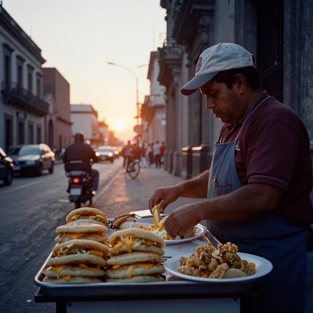 Mexico City street vendor at dusk selling arepas and gado-gado to locals in in Mexico City, Mexico