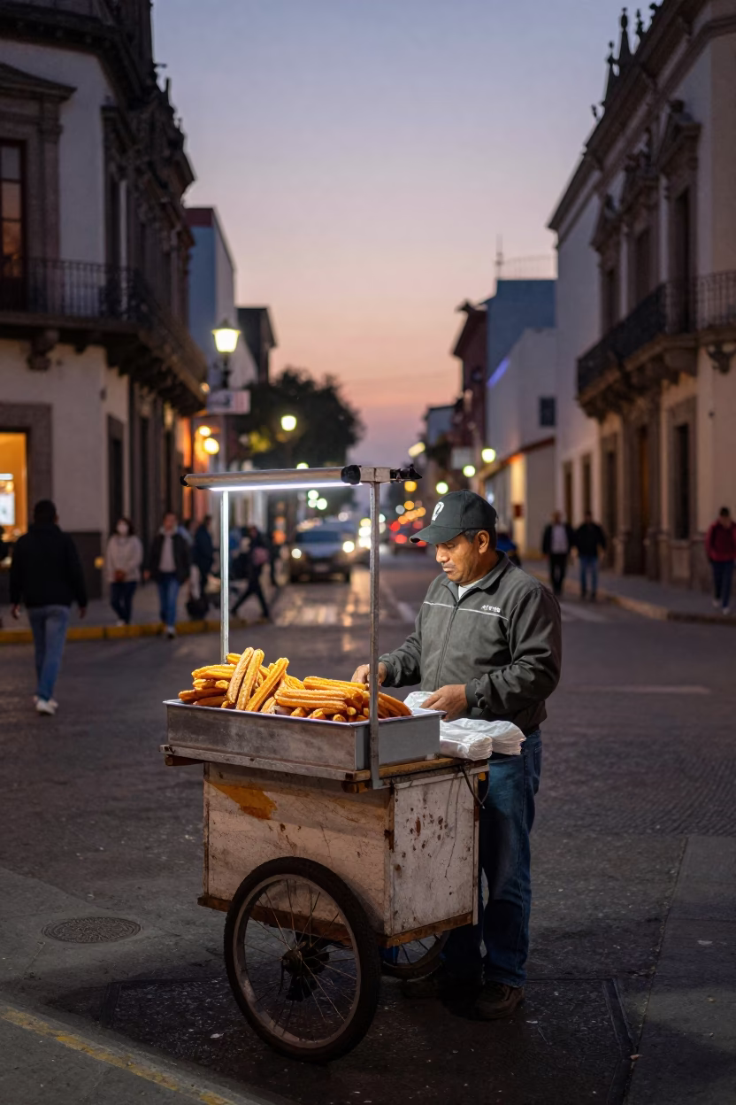 Mexico City Street Vendor at Dusk with Churros and Chocolate in in Mexico City, Mexico