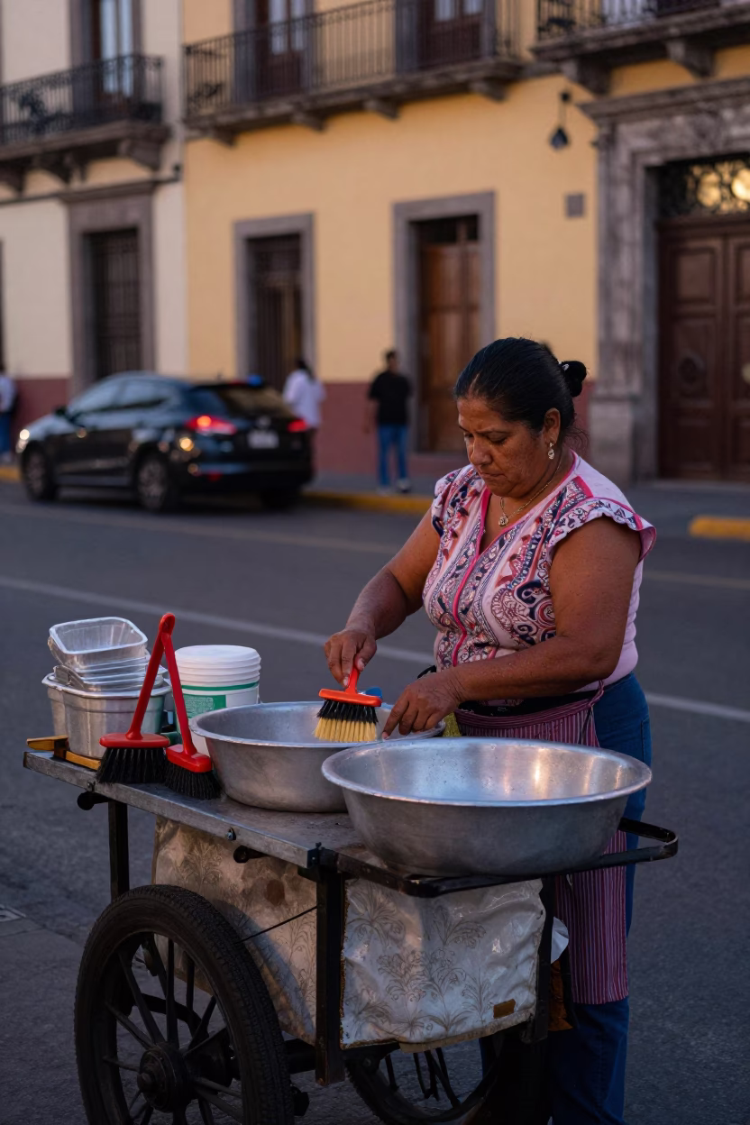 Mexico City Street Vendor Evening Scene with Dish Brushes and Urban Details in in Mexico City, Mexico