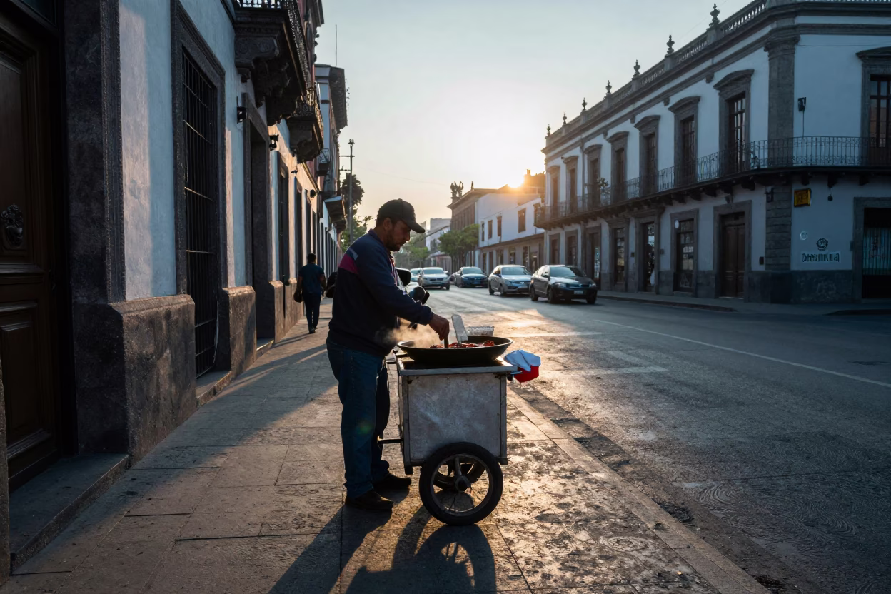 Mexico City street vendor preparing mole poblano before sunrise near concrete viaduct in in Mexico City, Mexico