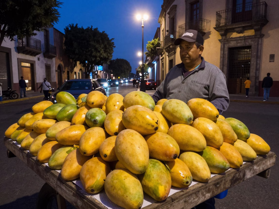 Mexico City Street Vendor Selling Fresh Mangoes Under Glowing Streetlights at Dusk in in Mexico City, Mexico