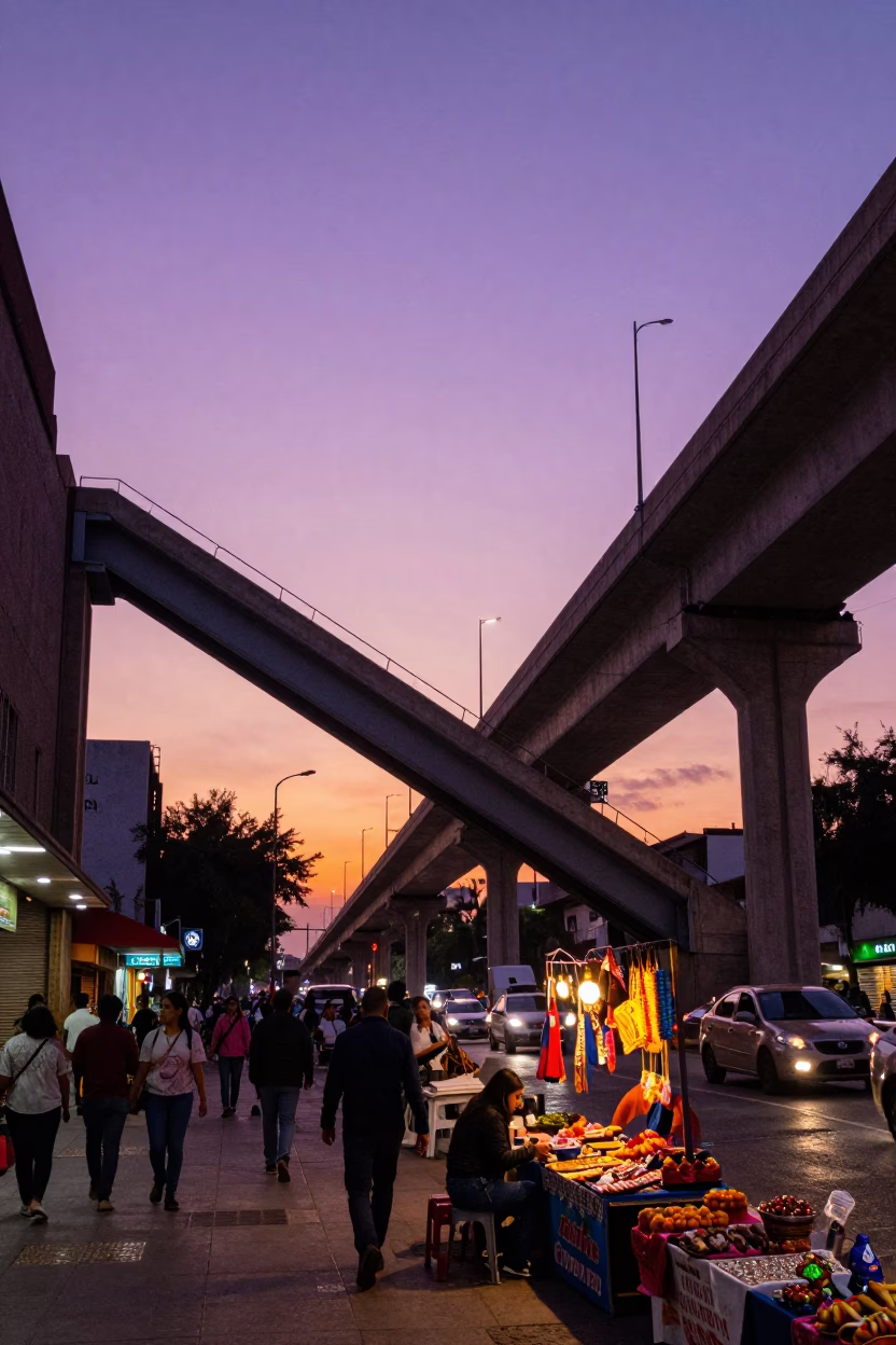 Mexico City Sunset Overpass Ramp Violet Sky Urban Street Life in in Mexico City, Mexico
