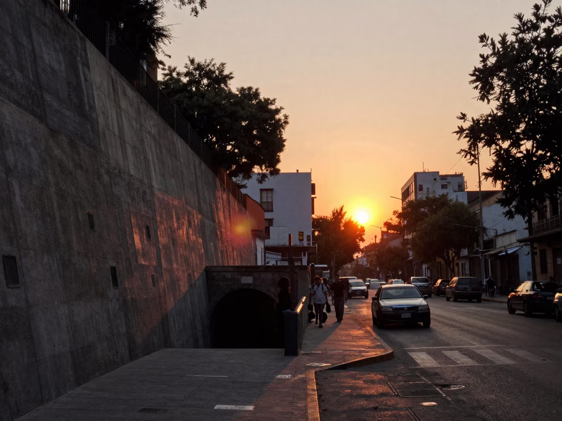 Mexico City Sunset Street Scene with Concrete Retaining Wall and Local Market Activity in in Mexico City, Mexico