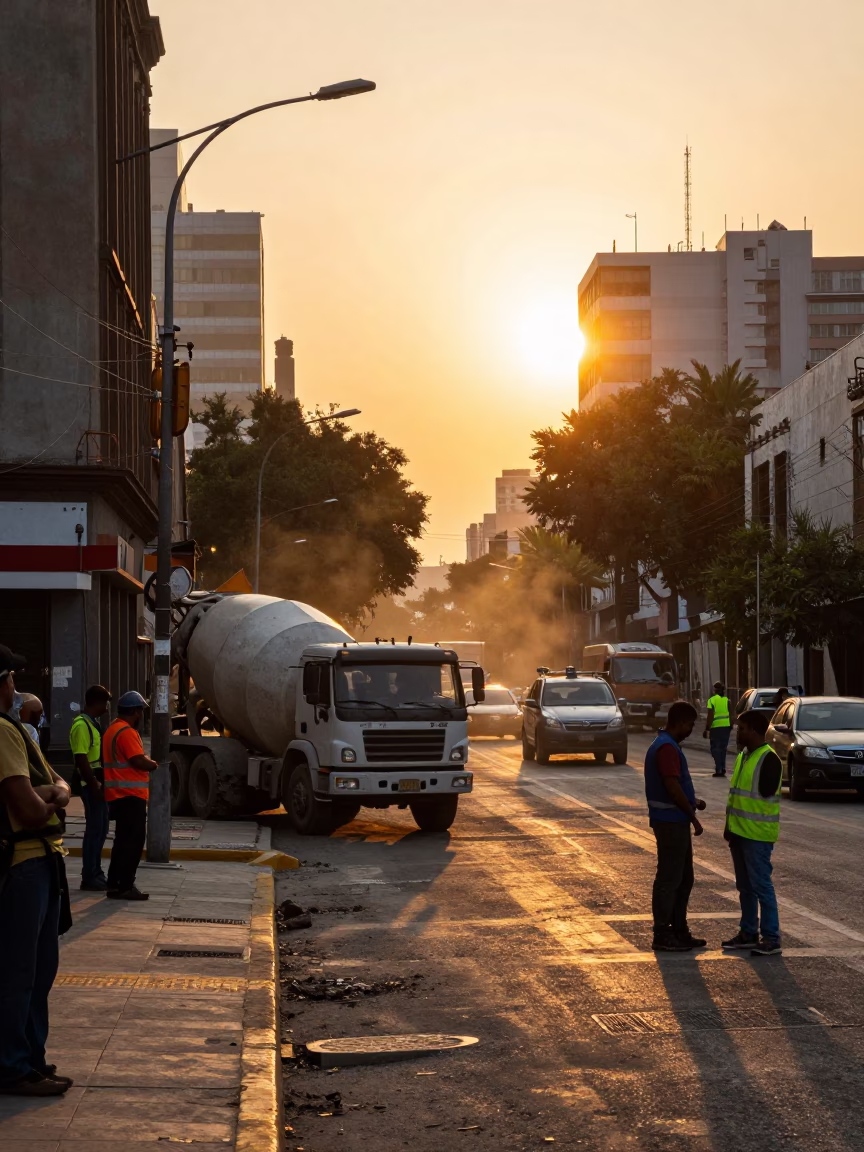 Mexico City Sunset Street Scene with Construction Activity and Local Commerce in in Mexico City, Mexico