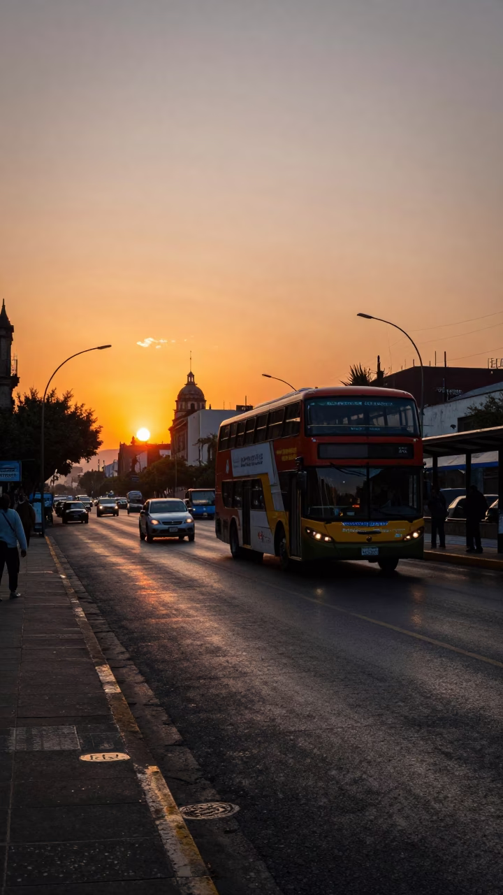 Mexico City Sunset Street Scene with Double Decker Bus and Rainy Bus Stop in in Mexico City, Mexico